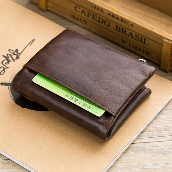 (image for) BULLCAPTAIN Mens Retro Genuine Leather Wallet RFID Anti-thef Multicard Slot Wallet Card Holder Double Zipper Coin Purse Cowhide Leather Wallet